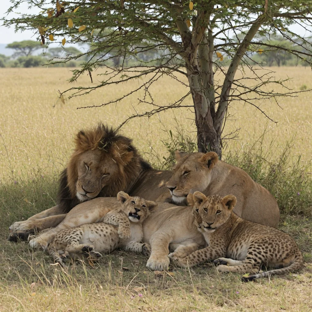 A pride of lions (male, lionesses, and spotted cubs) resting together under an acacia tree