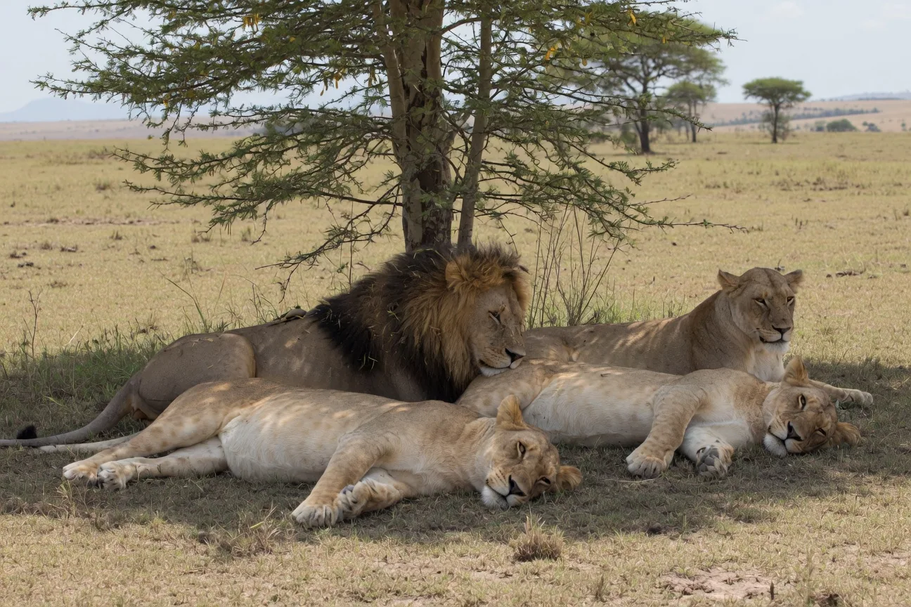 A pride of lions resting under an acacia tree on the savanna