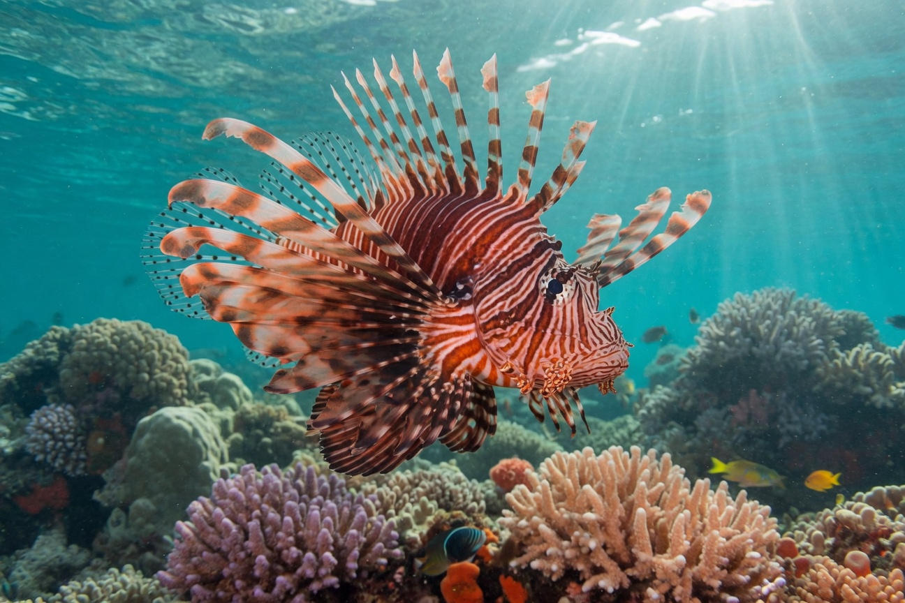 A red and white striped lionfish swims over a colorful coral reef with sunlight filtering through the water.