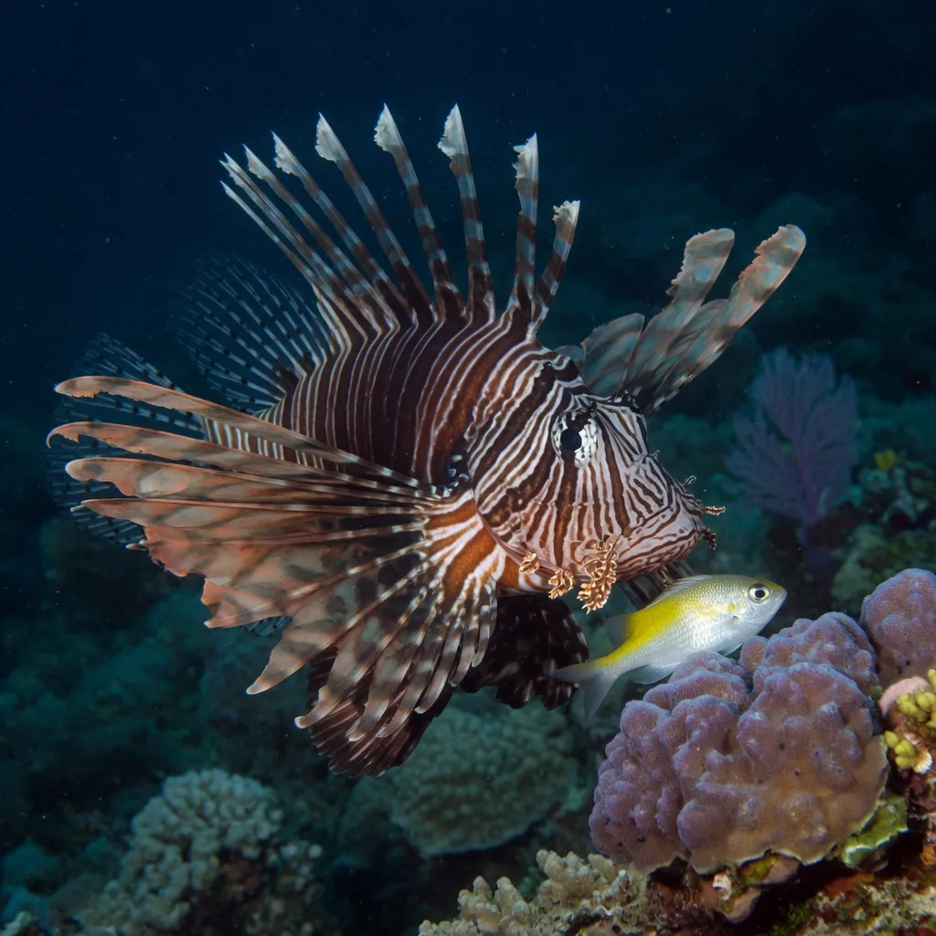 A lionfish spreading its pectoral fins wide to corner small fish against coral, ready to strike