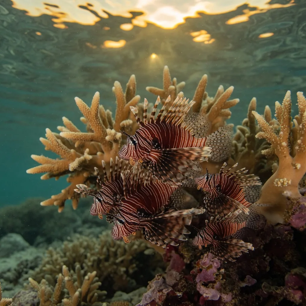 Small juvenile lionfish clustered together among branching coral on a shallow reef
