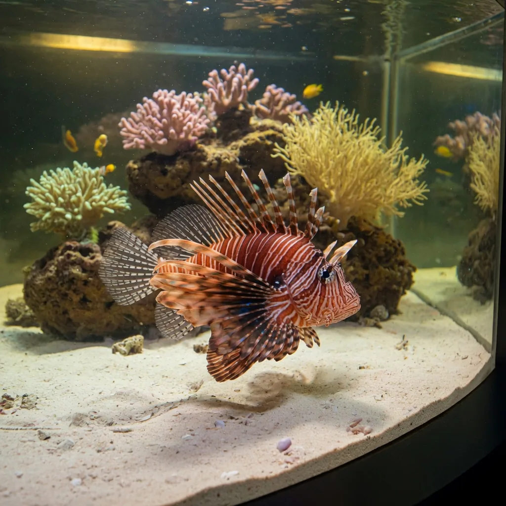 A red lionfish swimming slowly near the bottom of a large reef aquarium with soft sandy substrate and decorative coral.