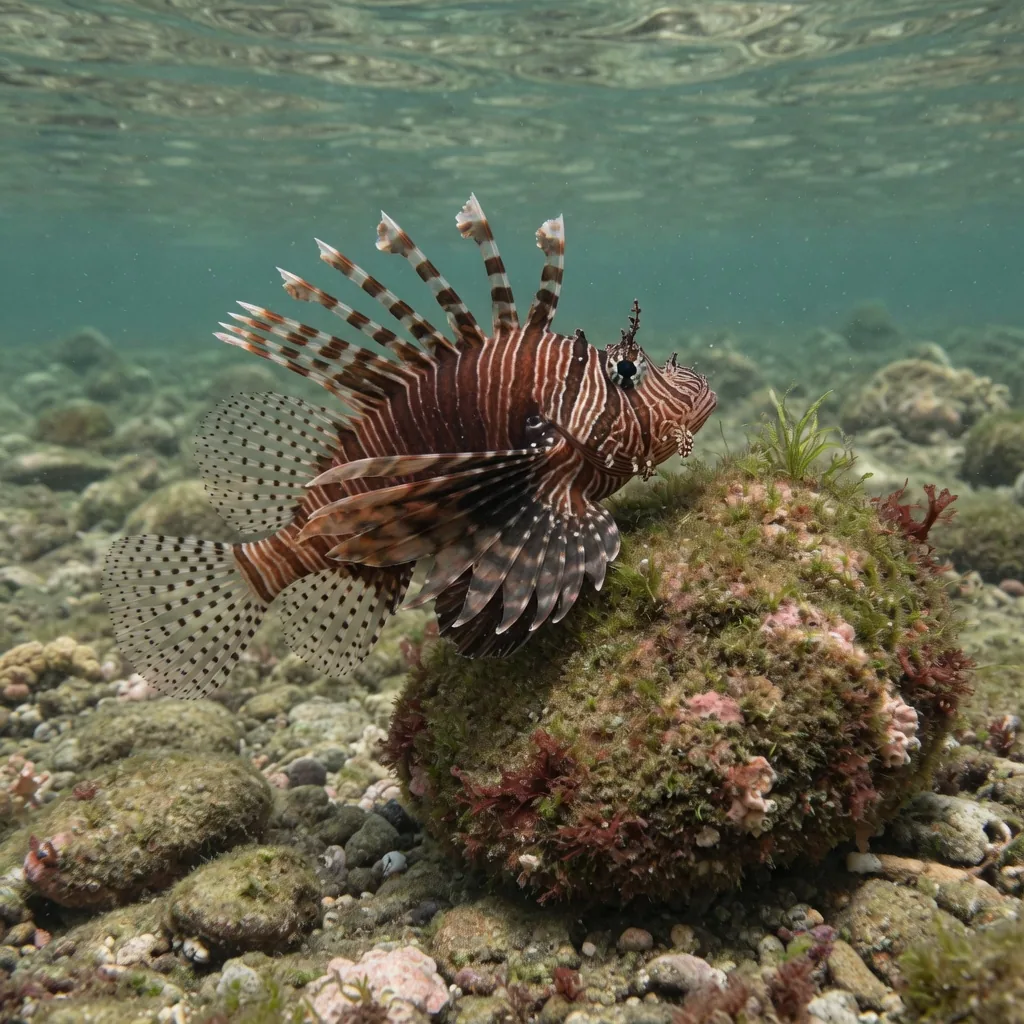 A dwarf lionfish, about 15 centimeters long, perched on a weed-covered rock in shallow Indo-Pacific waters.