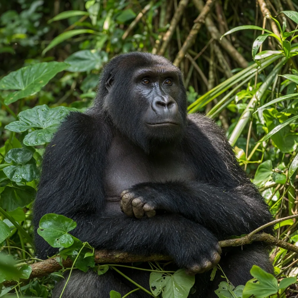 Endangered western lowland gorilla silverback resting in a lush green African rainforest