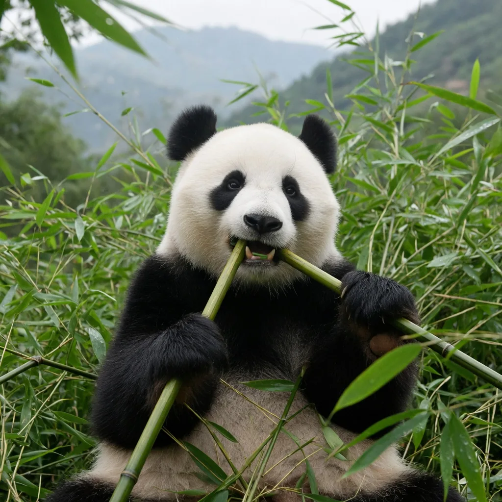 Endangered giant panda sitting in a green bamboo grove, holding and chewing a bamboo stalk