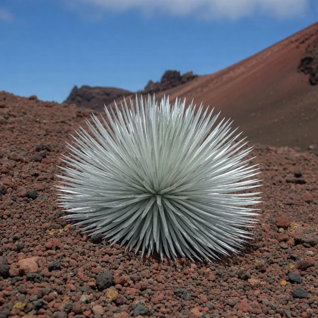 Rare endangered Hawaiian silversword plant, a silver rosette of sword-shaped leaves on red volcanic gravel