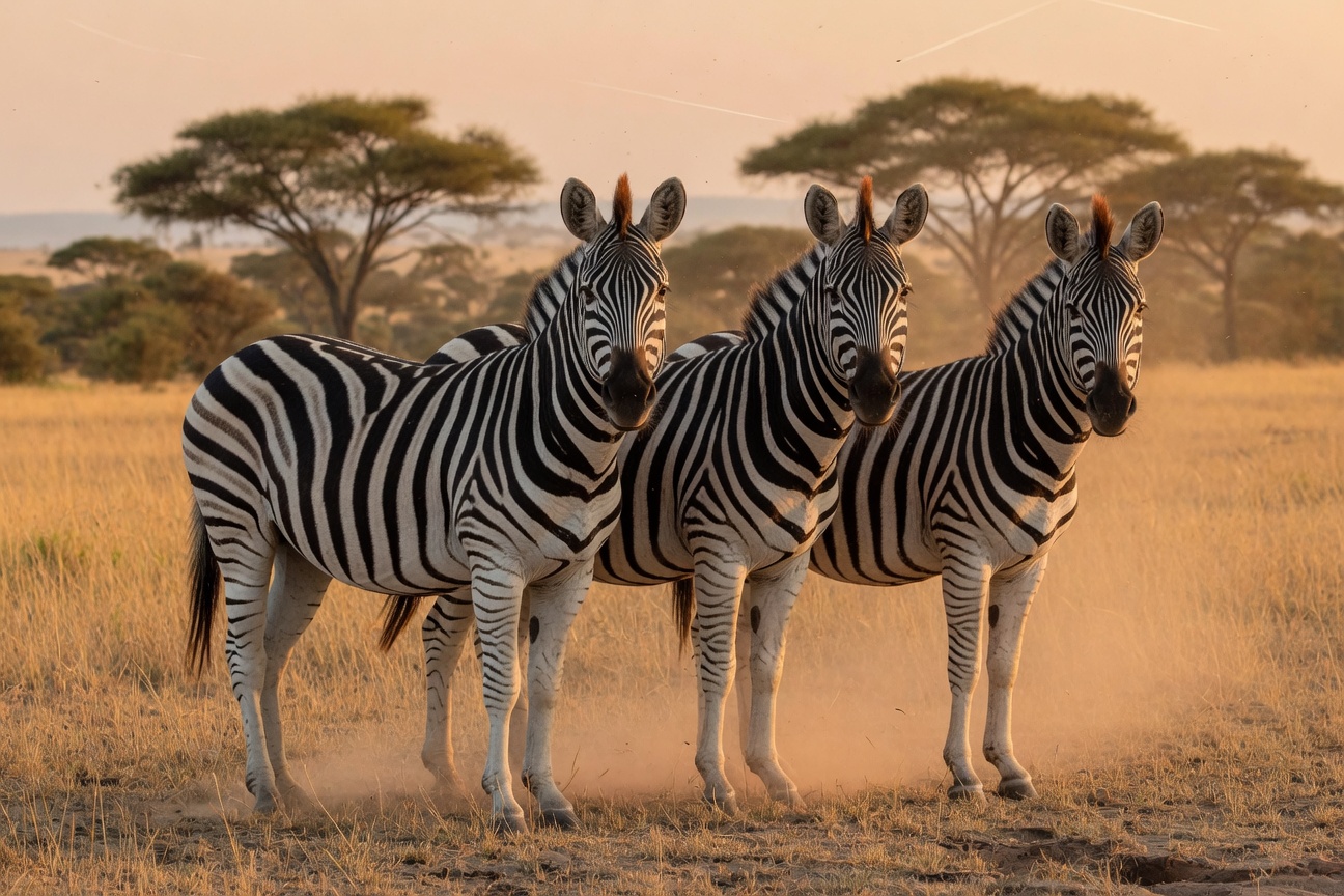 Three zebras stand side-by-side in a grassy field with trees in the background.