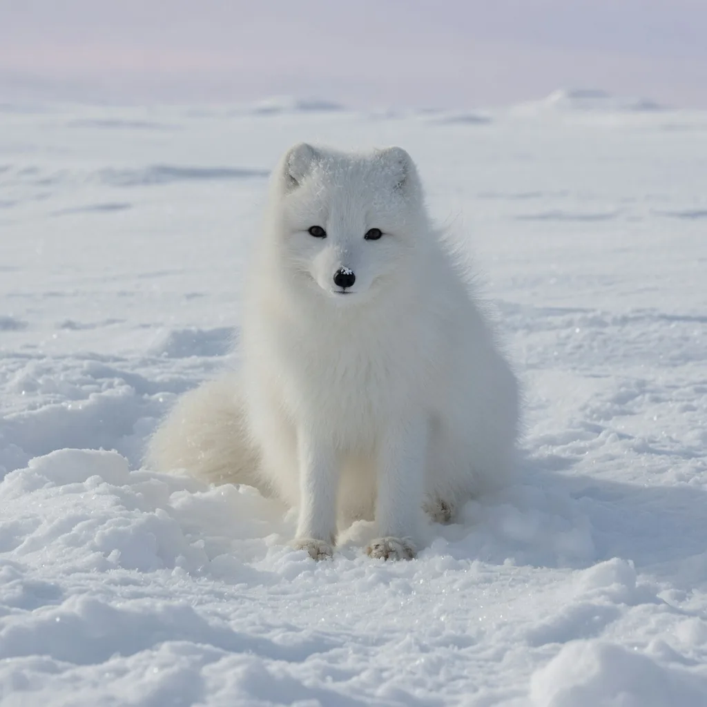 Arctic fox in pure-white winter coat, nearly invisible in snow
