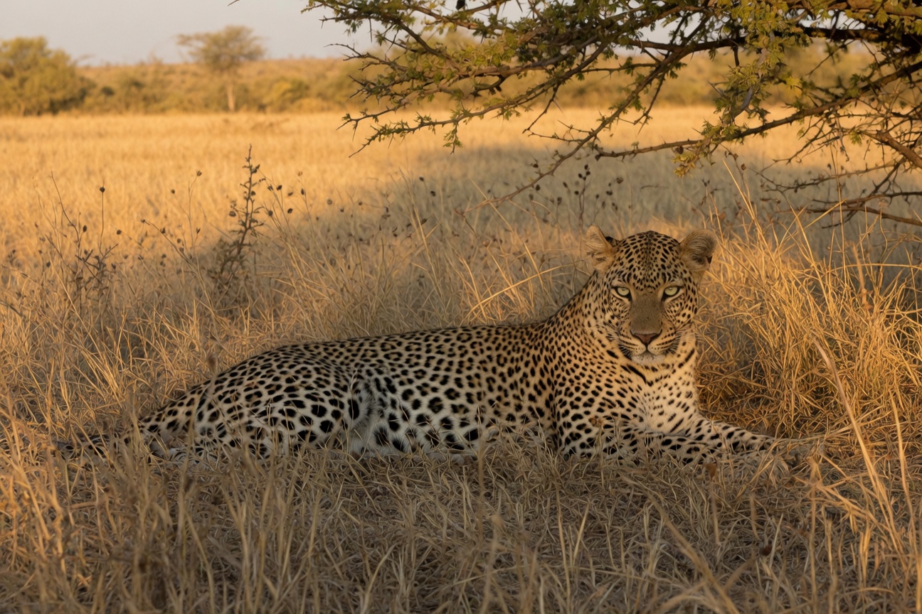 A leopard lies in tall dry grass beneath a tree, its spotted coat blending with the golden savanna.