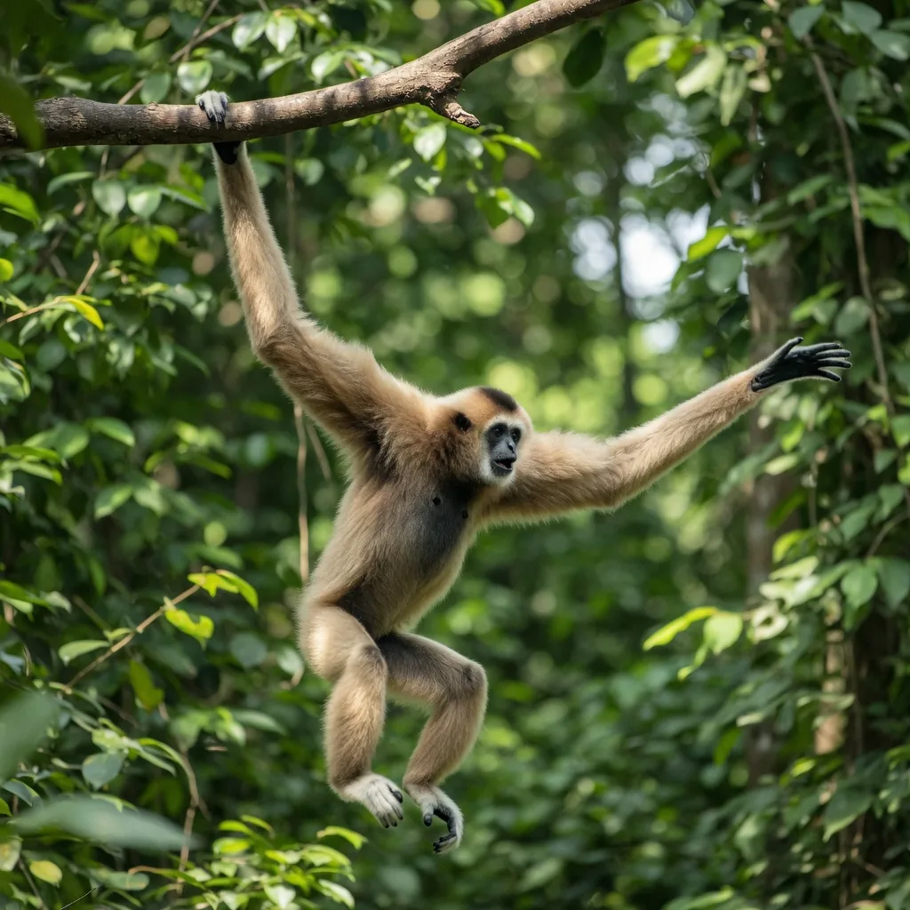 Lar gibbon swinging from a branch by its long arms