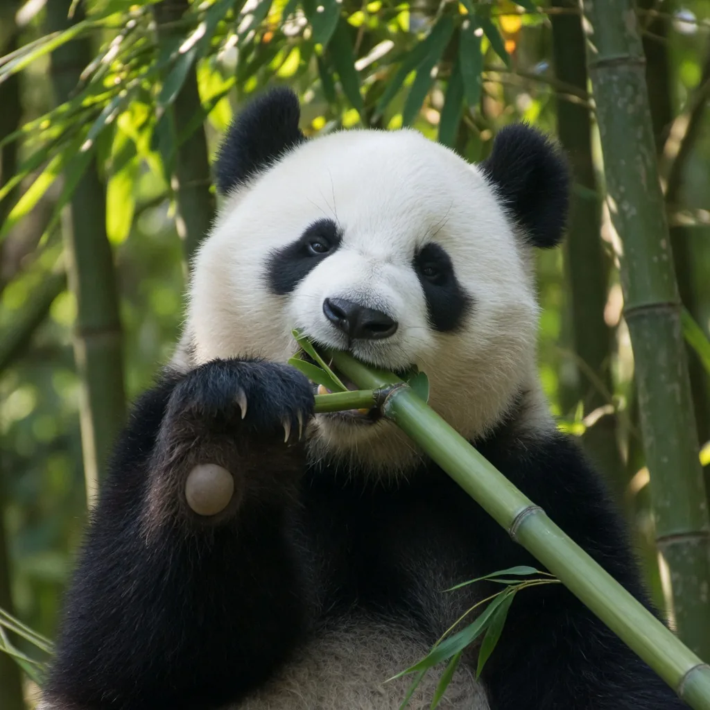Giant panda gripping a bamboo stalk with its front paw while eating