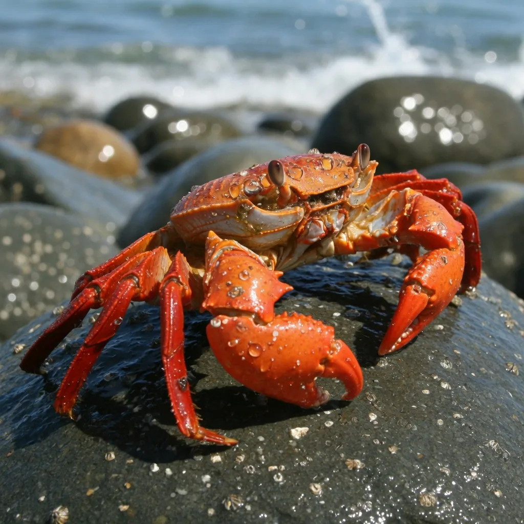 A bright orange-red crab on a wet rock, showing its hard exoskeleton and armored claws