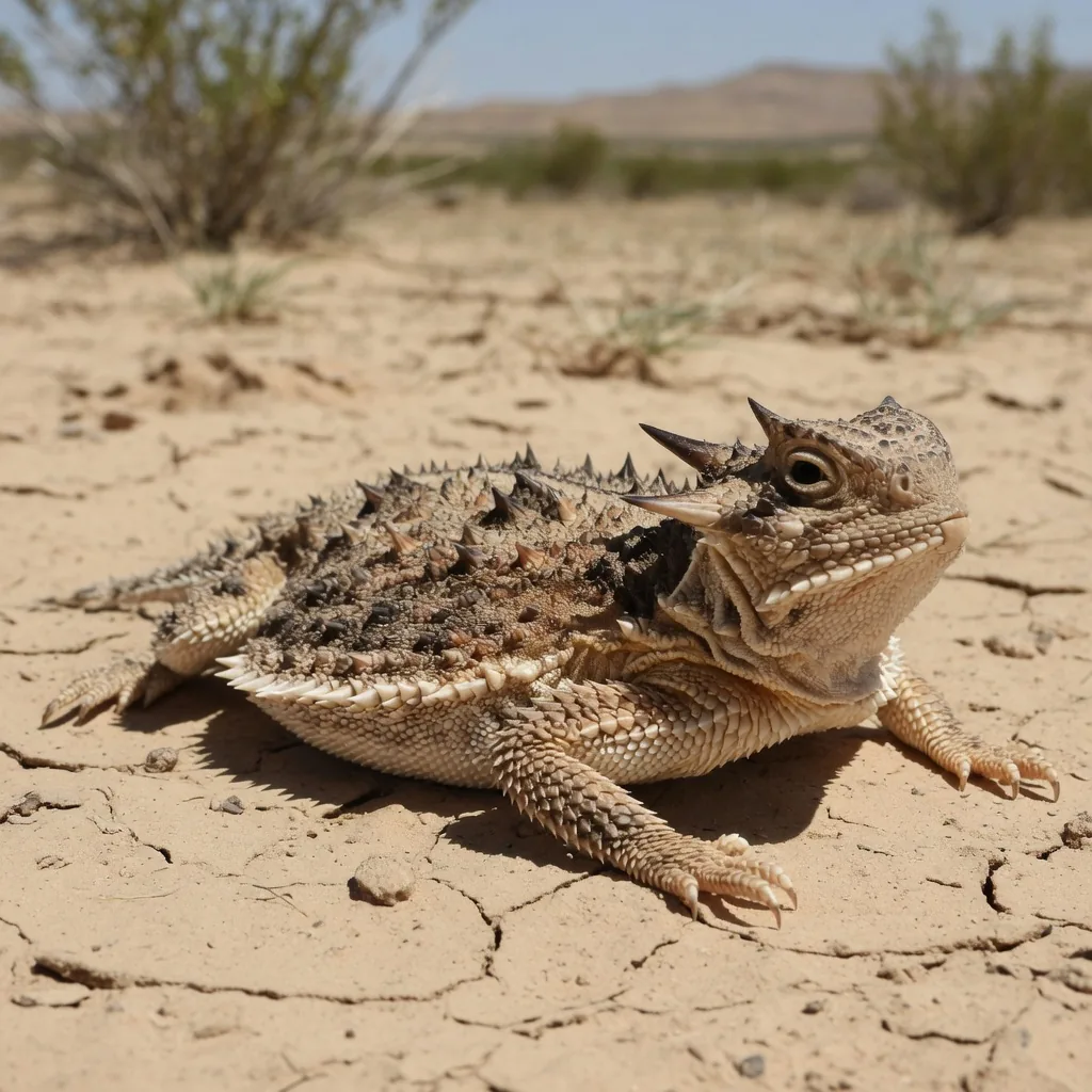 A Texas horned lizard on cracked desert sand, covered in pointed spikes with a crown of horns