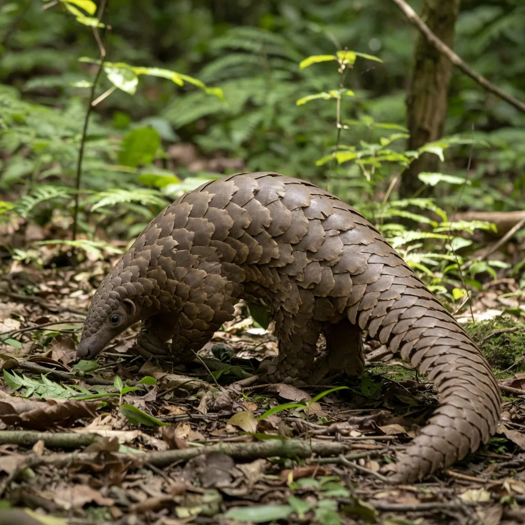 A pangolin walking on the forest floor, its body covered in large overlapping keratin scales
