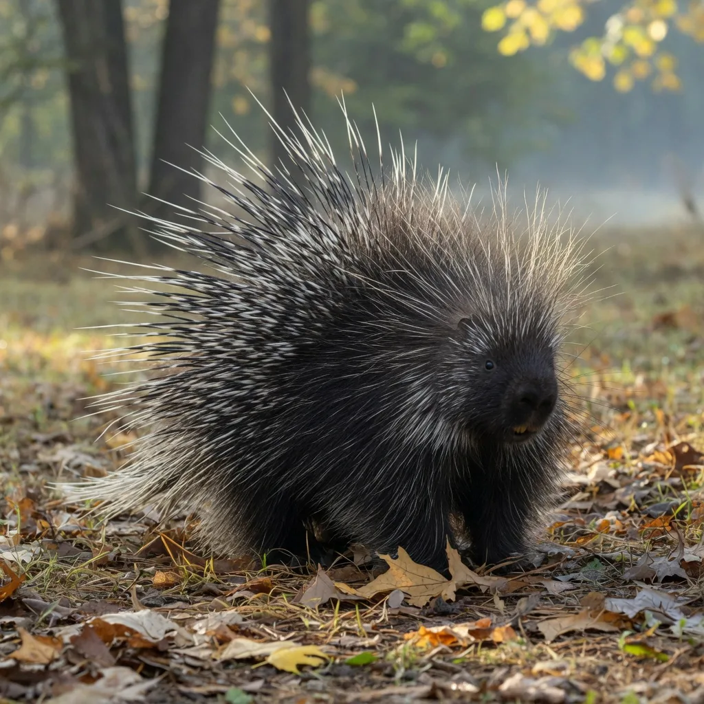 A porcupine with its long black-and-white quills raised in defense in a forest clearing