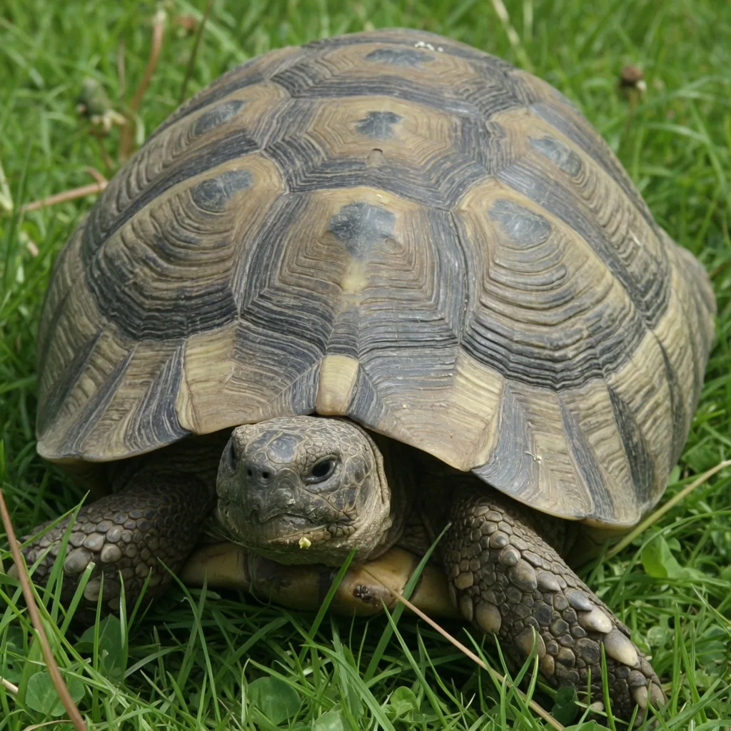 Close-up of a tortoise showing the bony plates, called scutes, on its domed shell