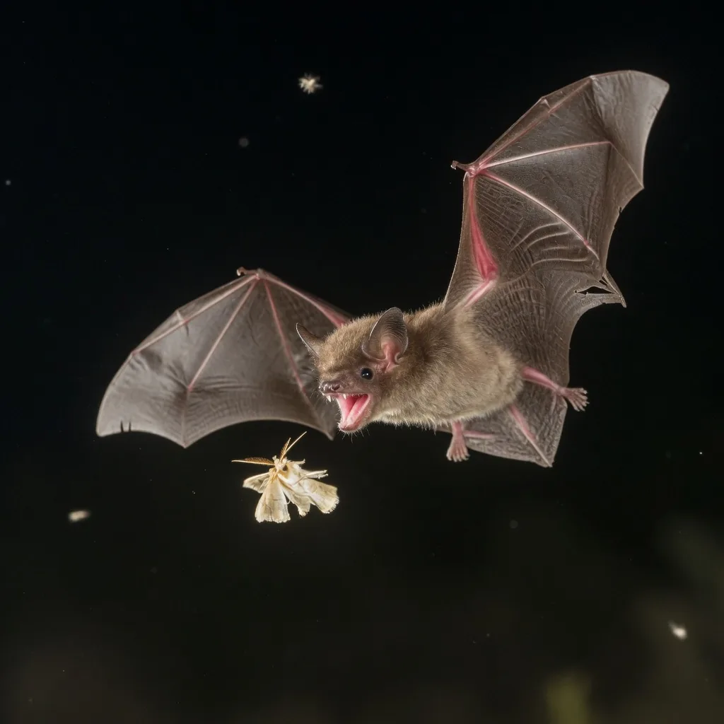 A microbat hunting a moth in flight at night with its mouth open