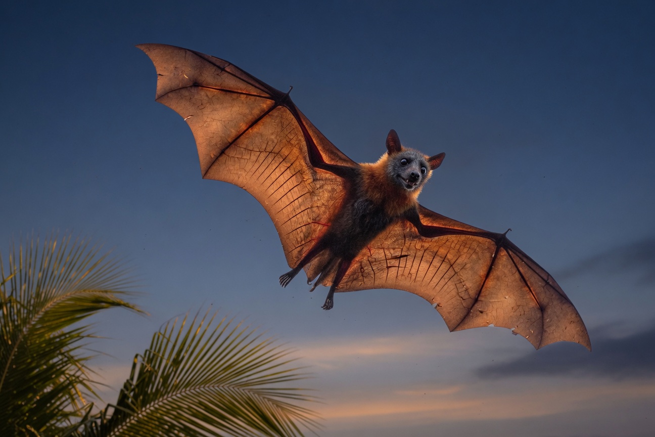 A large fruit bat flies with wings spread wide against a blue twilight sky above palm fronds.