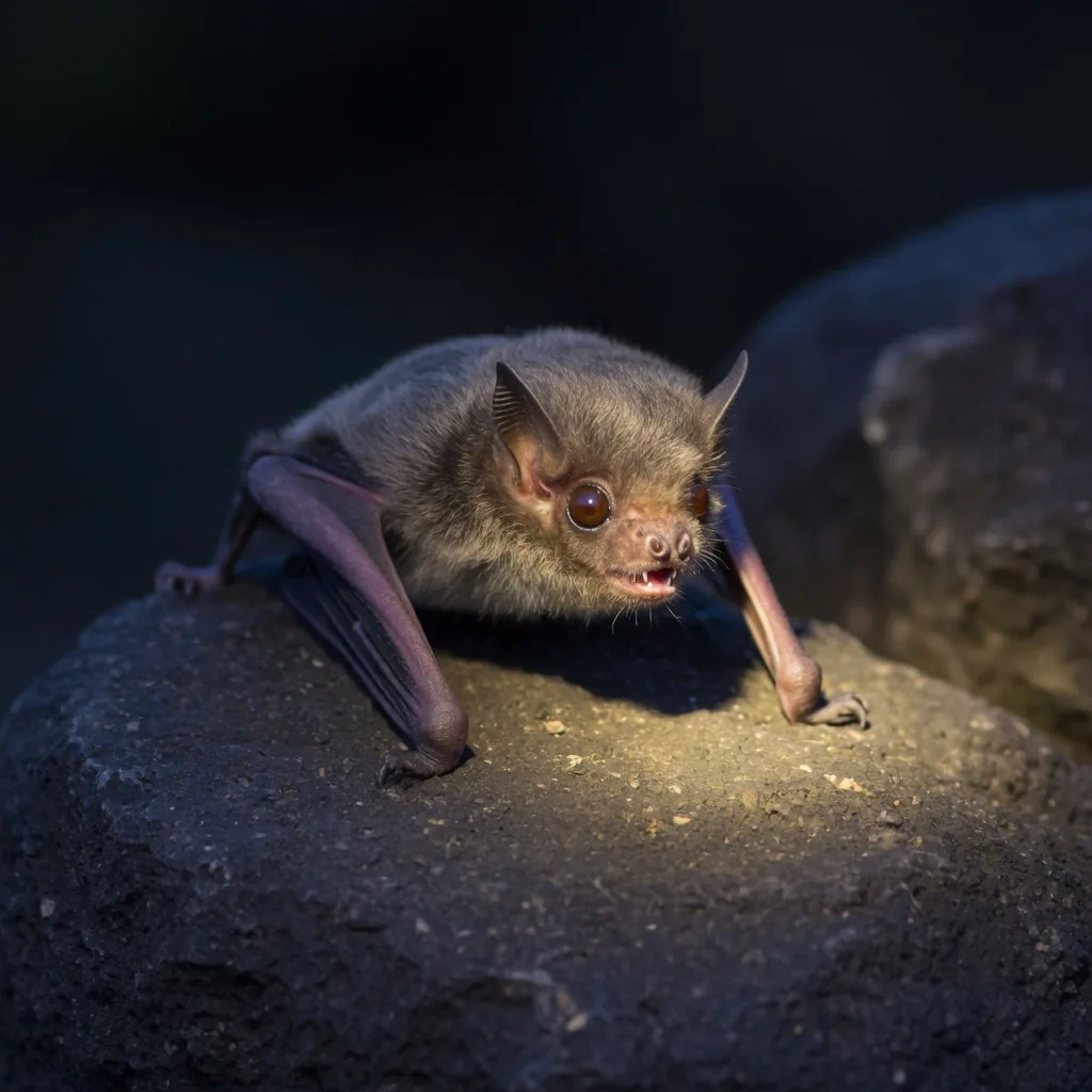 A common vampire bat crawling on its folded wings on a rock at night