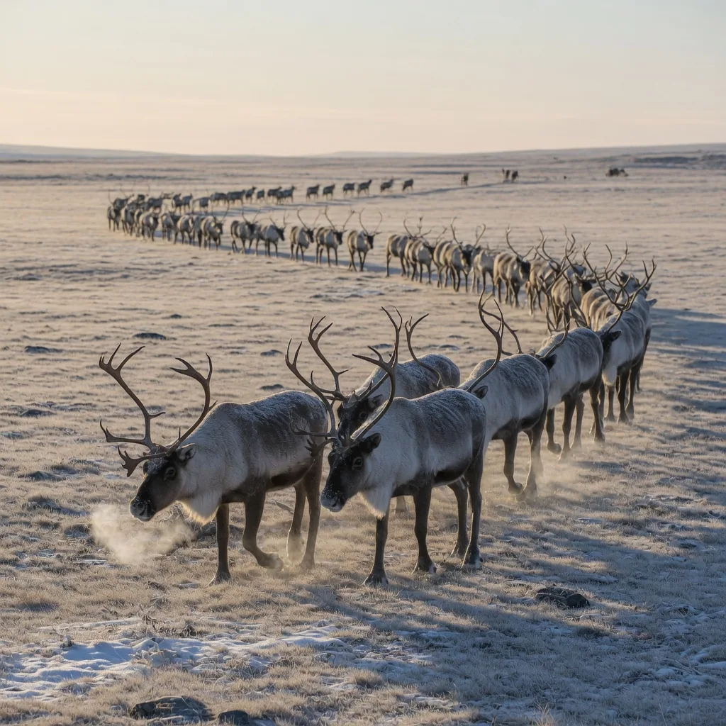 A long line of caribou migrating across the open Arctic tundra