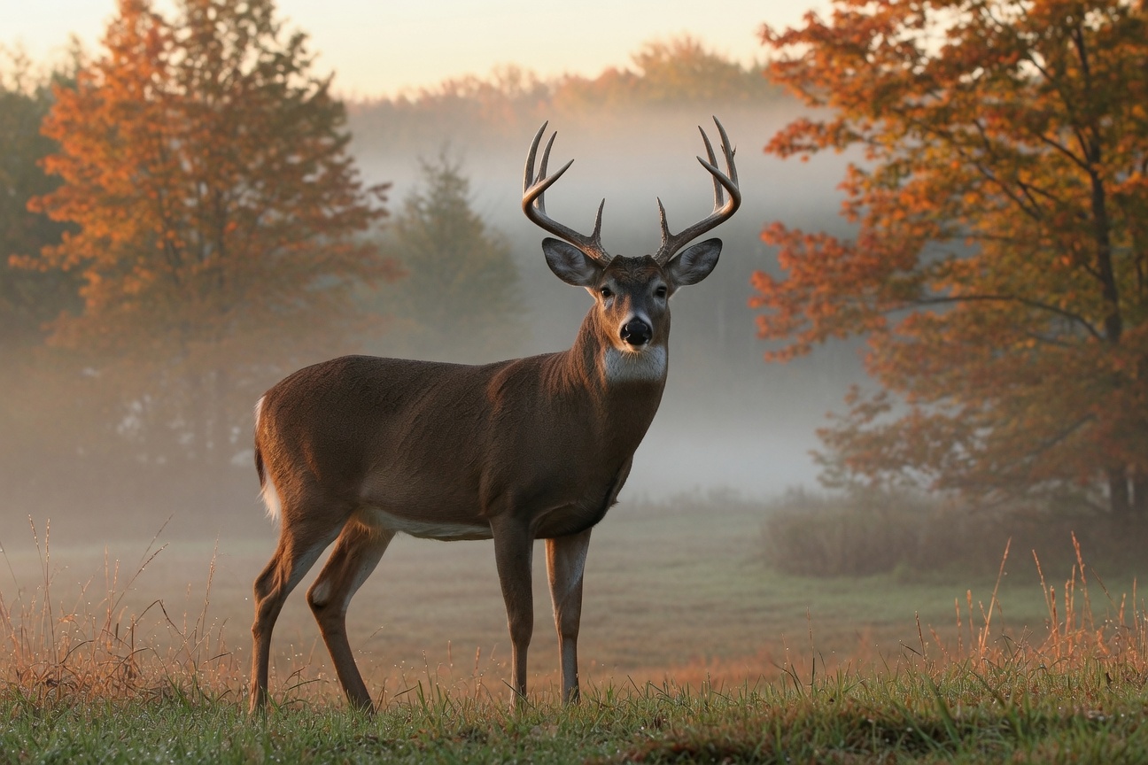 A large buck with antlers stands in a grassy field surrounded by autumn trees and morning mist.