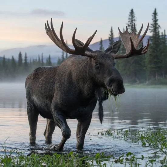 A bull moose with huge palmate antlers standing in a lake