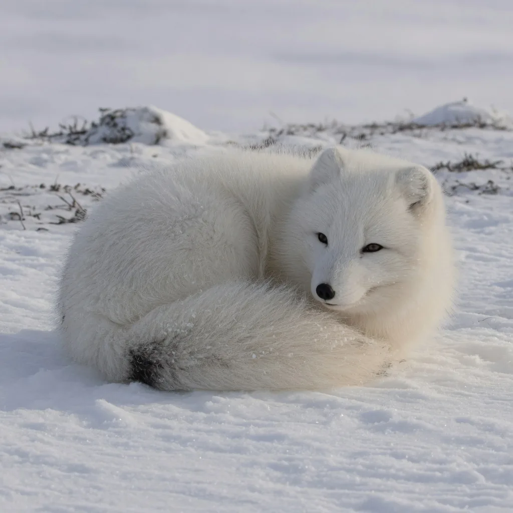 An Arctic fox in its thick white winter coat resting on the snow
