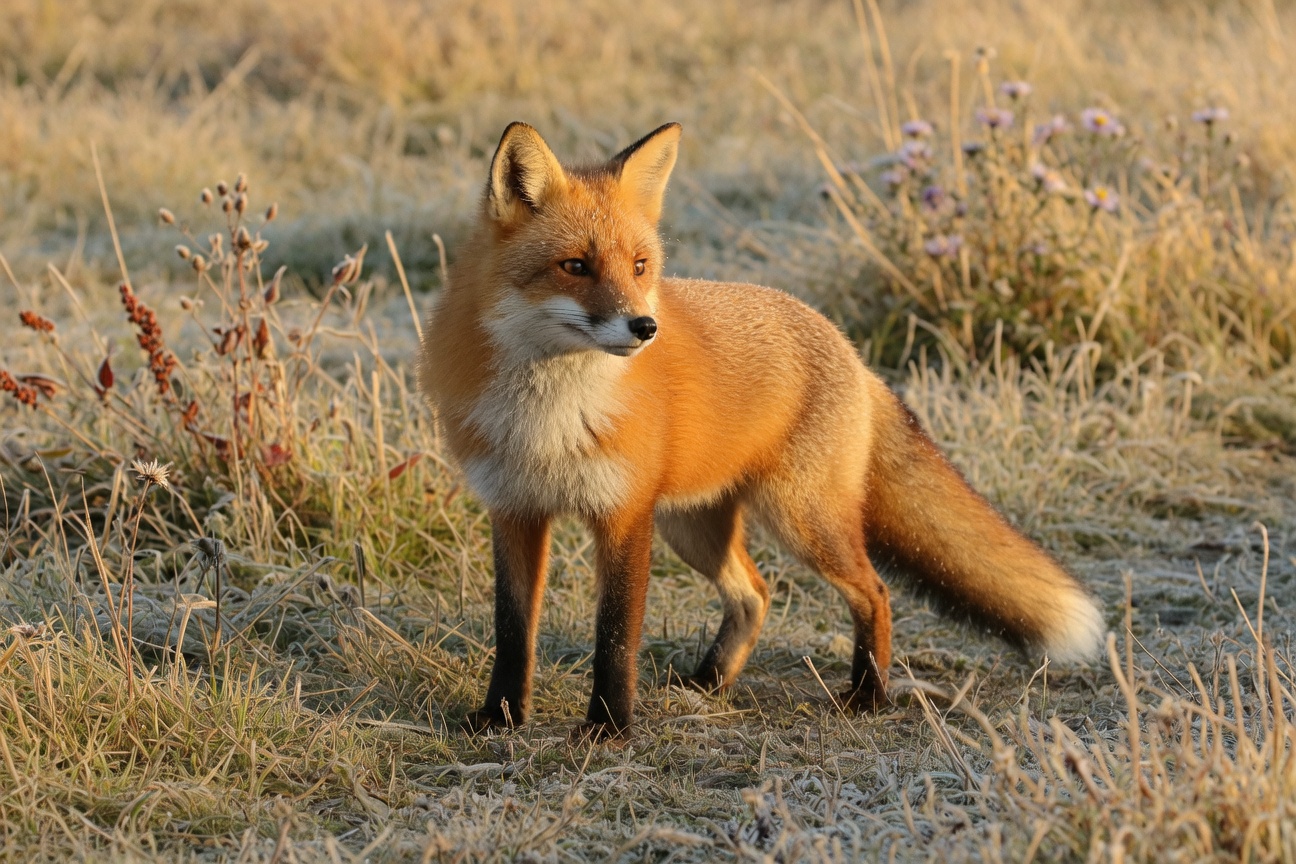A red fox stands in a field of dry grass and wildflowers looking towards the viewer.