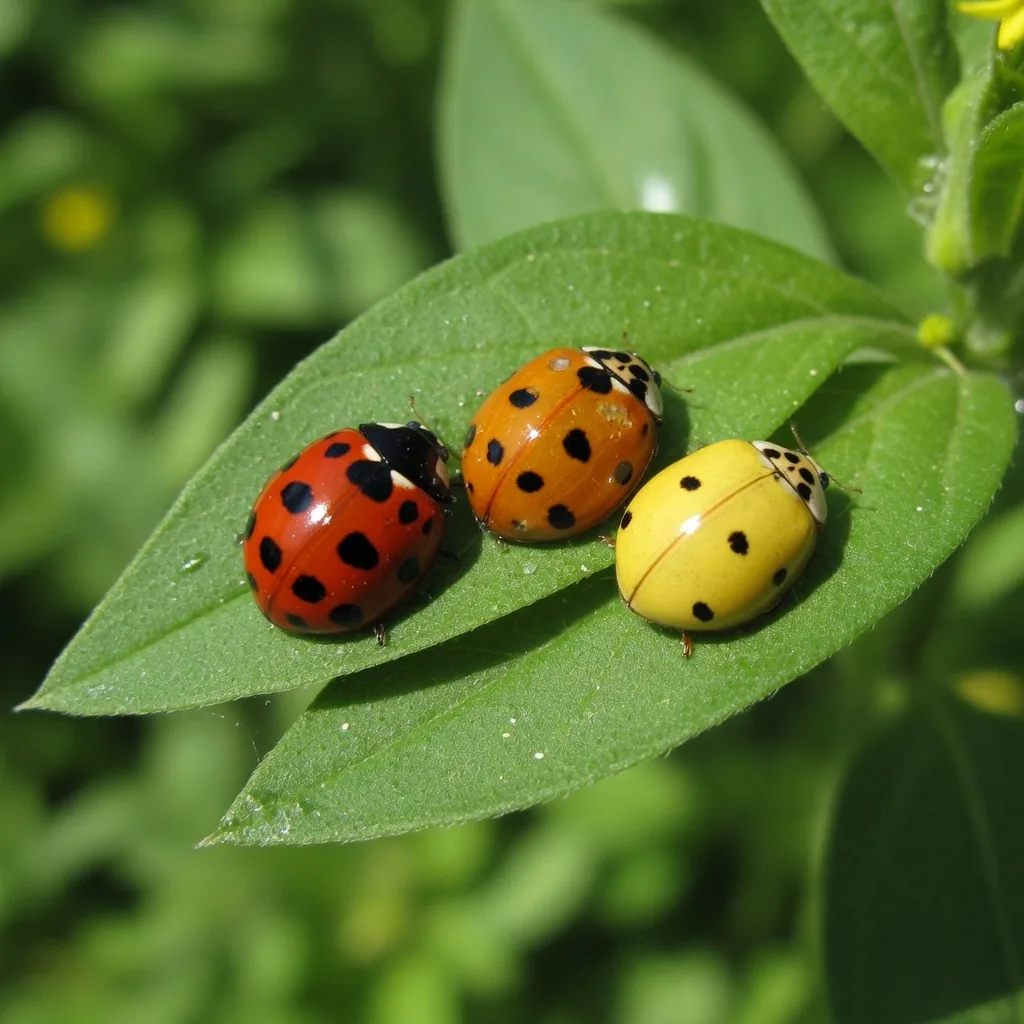 Red, orange and yellow ladybugs resting together on green leaves, showing their different colors