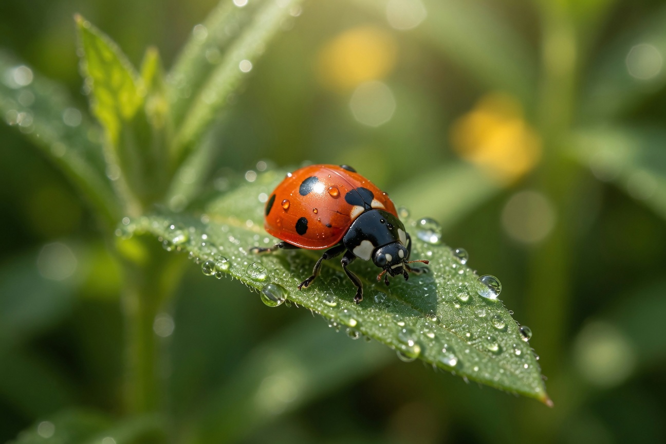 A close-up of a red ladybug with black spots resting on a green leaf covered in water droplets.