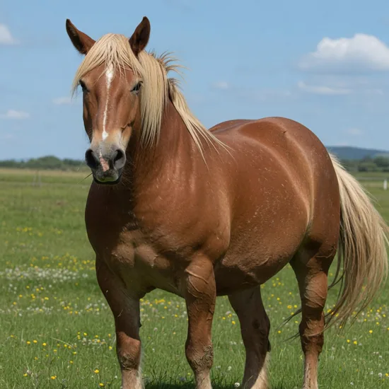 A broad, heavily-muscled Belgian draft horse with a blonde flaxen mane