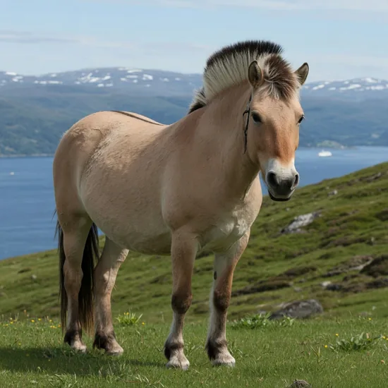 A dun-colored Norwegian Fjord horse with its distinctive upright black-and-cream mane