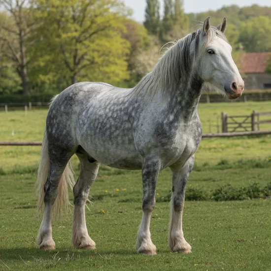 A dapple-gray Percheron draft horse standing in a paddock