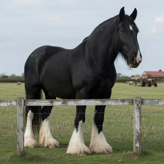 A towering black Shire horse with white feathered legs on a farm