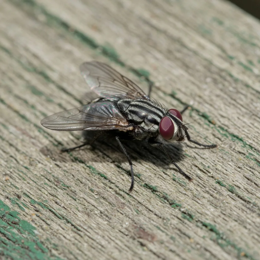 An adult house fly with large compound eyes and translucent wings