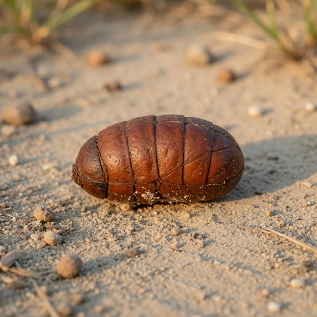 A reddish-brown fly pupa (puparium) resting on dry soil