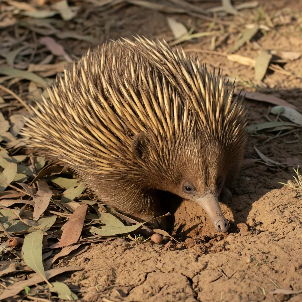 A short-beaked echidna with golden spines foraging on Australian soil