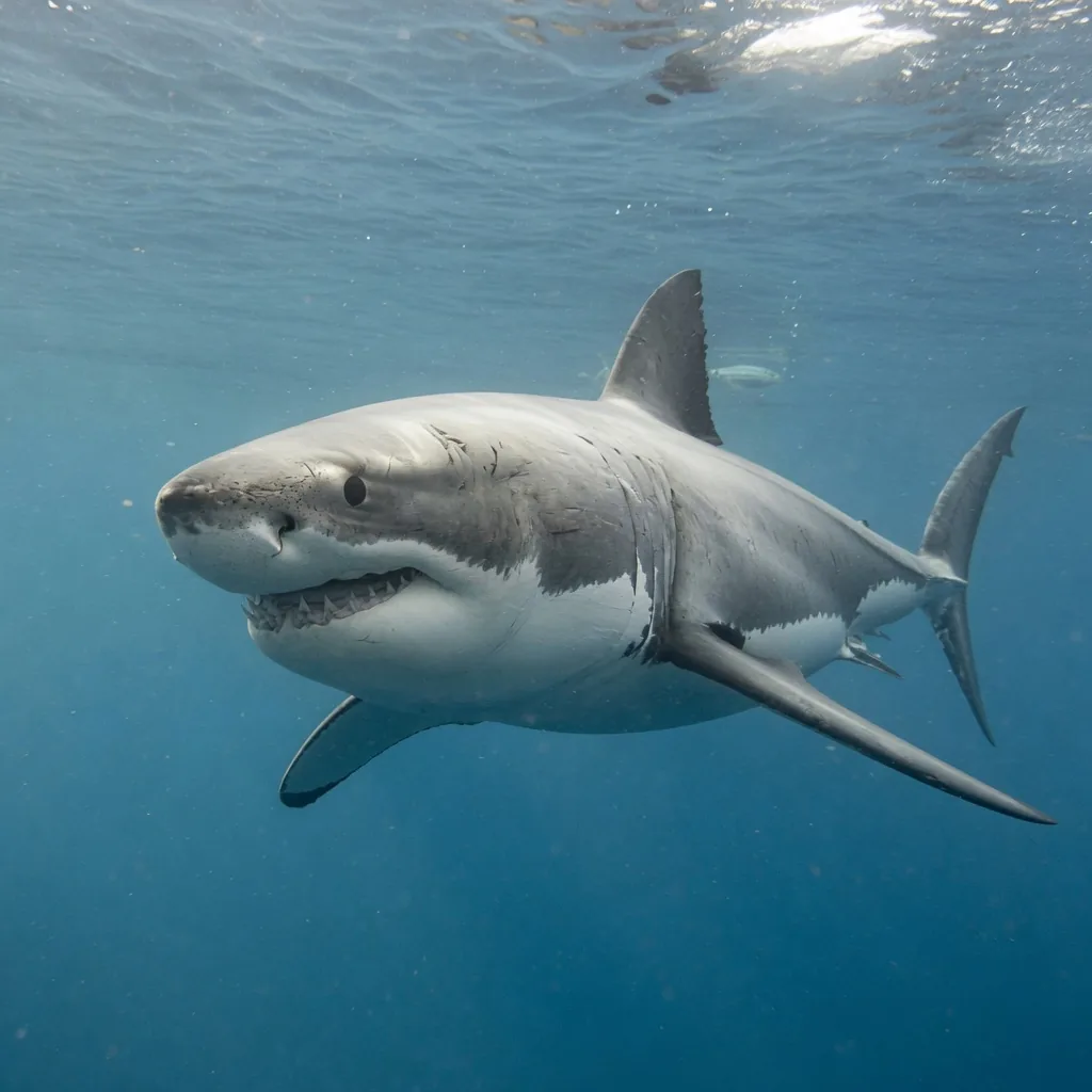 A great white shark gliding through clear blue ocean water, its powerful body and rows of teeth visible.