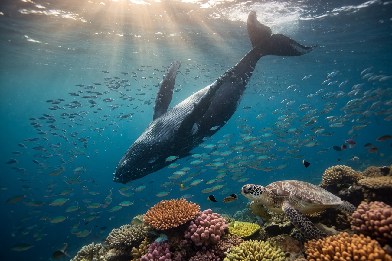 A humpback whale swims above a coral reef with a sea turtle and a school of small fish.