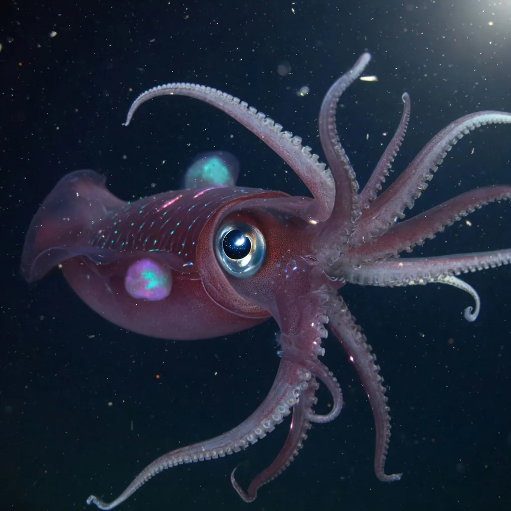 A colossal squid in the deep ocean, its long tentacles spread wide and large eye reflecting faint light.