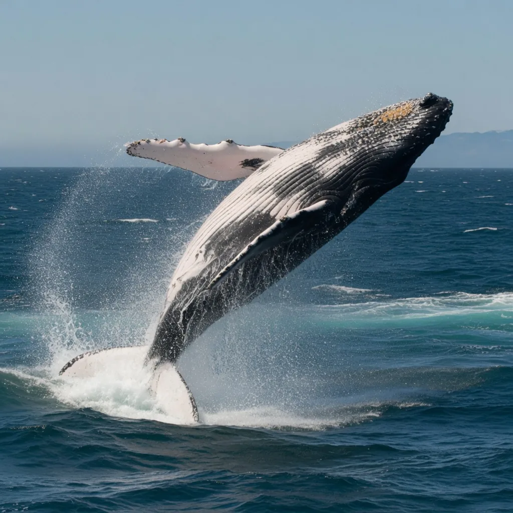 A humpback whale breaching the ocean surface, its enormous body mid-leap with cascading water, Pacific Ocean.