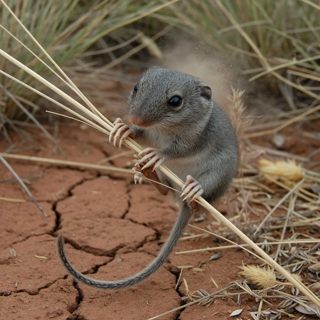 A long-tailed planigale clinging to a grass stalk, the world's smallest marsupial, roughly the size of a large coin.