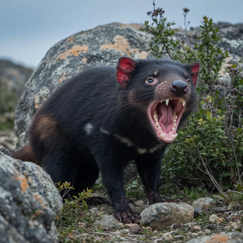 A Tasmanian devil standing on rocky ground, jaws wide open, showing its powerful teeth.