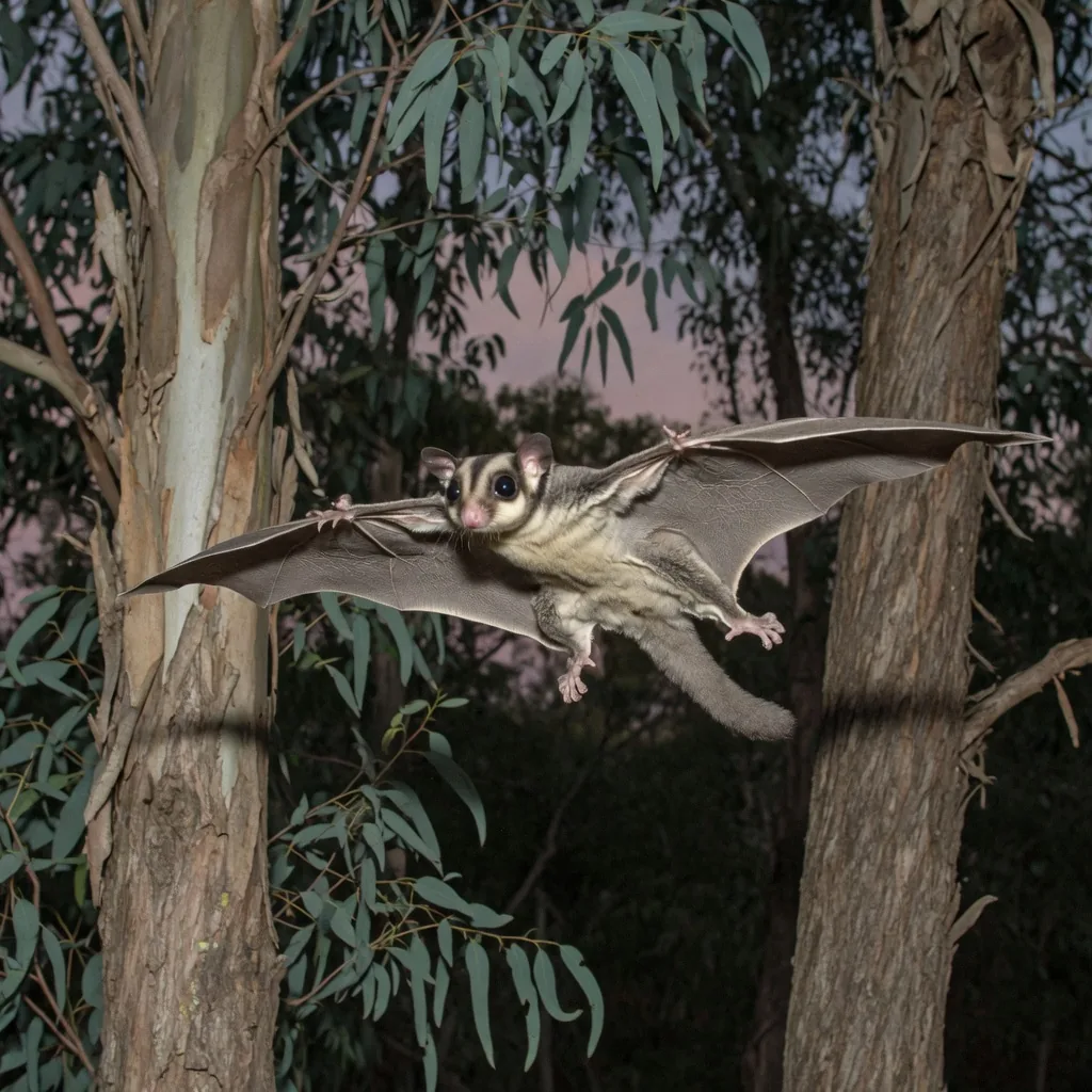 A sugar glider gliding between trees with its skin membrane stretched wide
