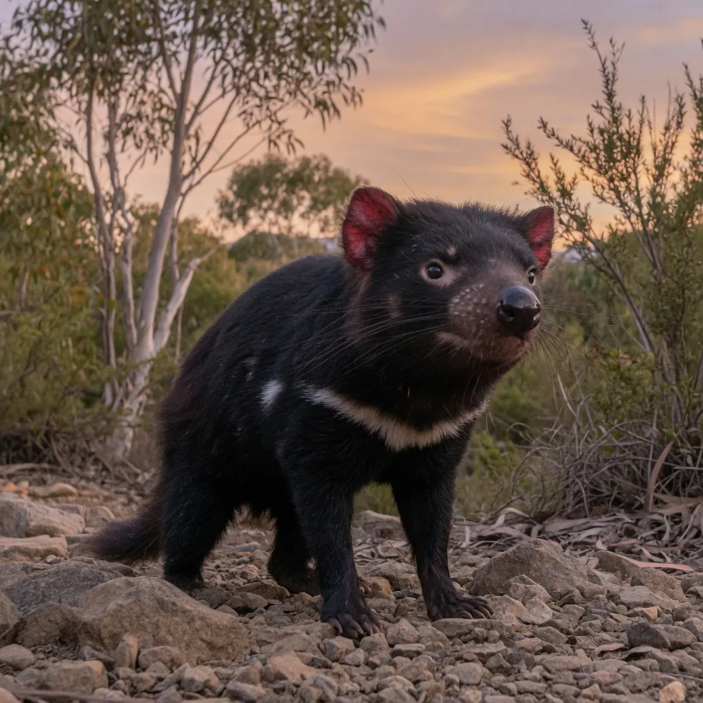 A Tasmanian devil standing on rocky ground at dusk