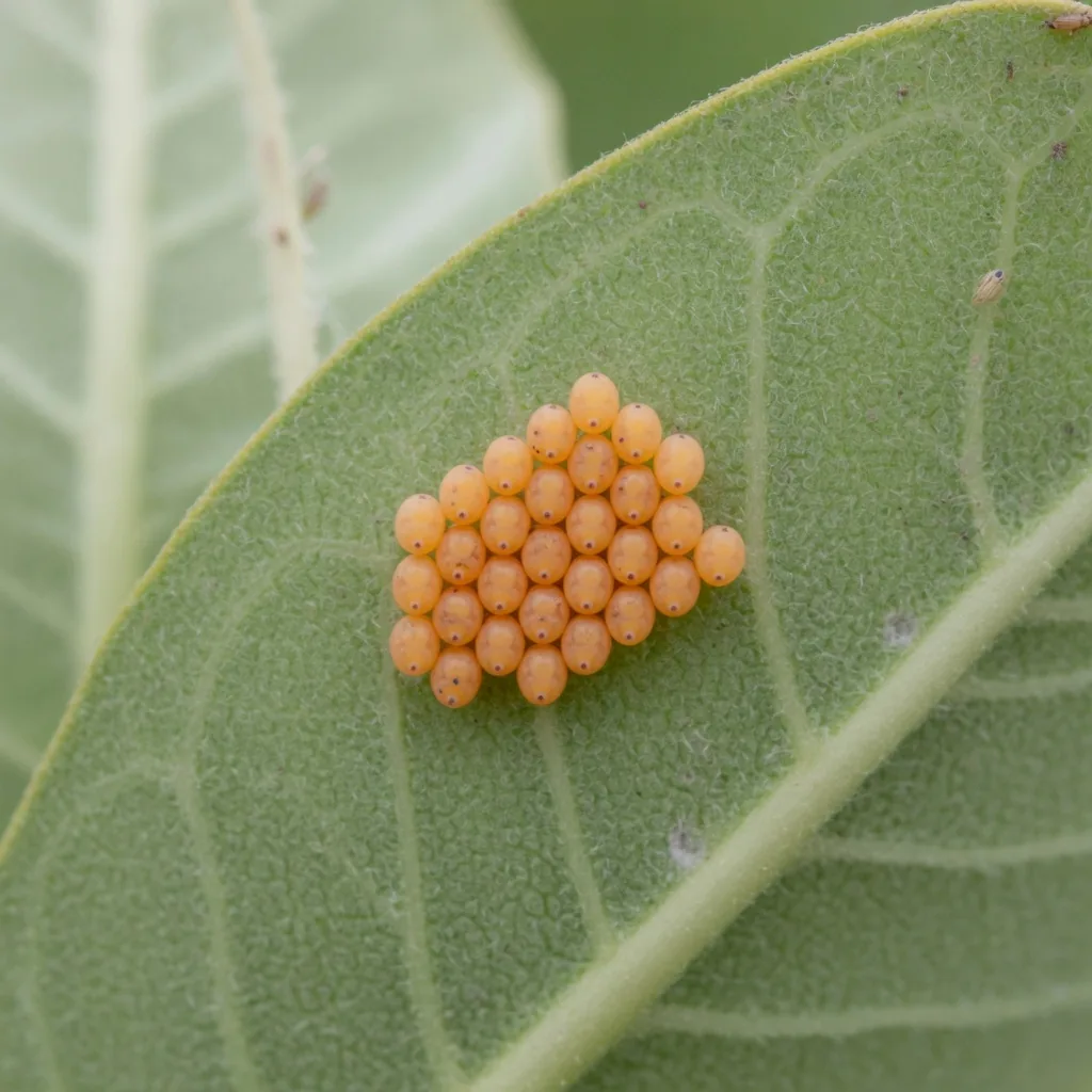 Pale orange milkweed bug eggs in a cluster on the underside of a milkweed leaf