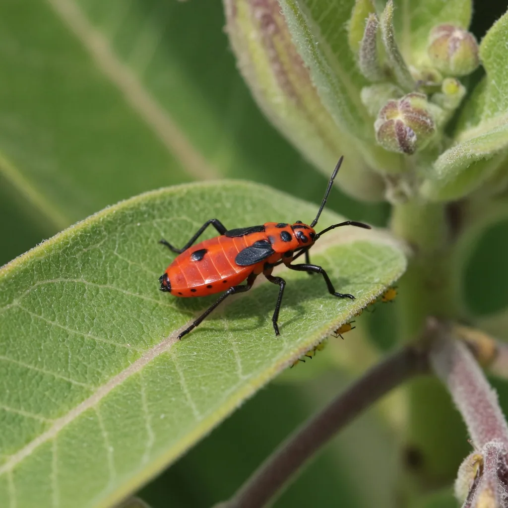 A tiny milkweed bug nymph in an early instar stage on a milkweed plant, showing bright red body and black antennae