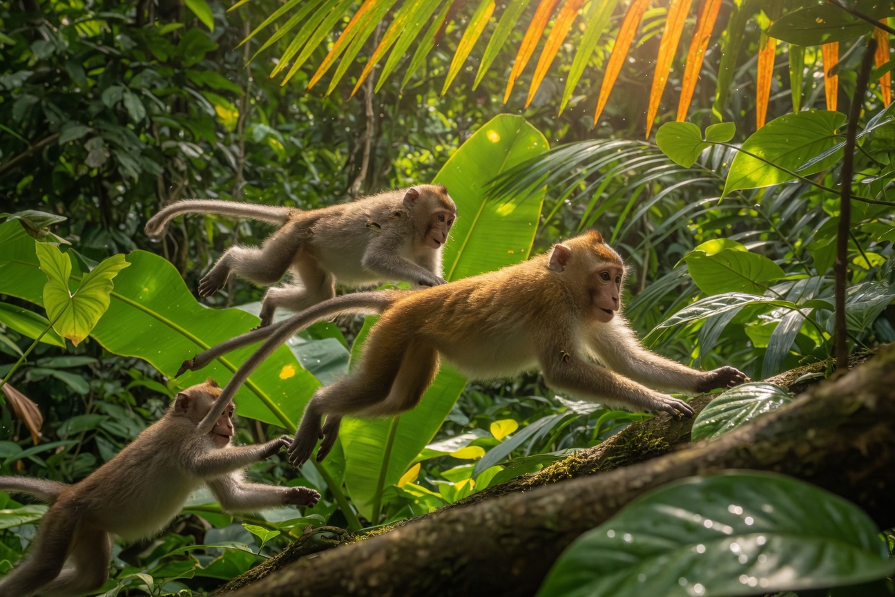 Three monkeys leap through a sunlit jungle, navigating large green leaves and mossy tree branches.