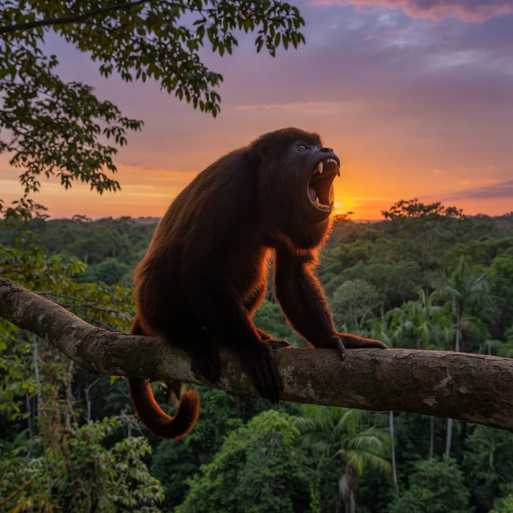 A Howler Monkey mid-howl at dusk on a high tree branch, silhouetted against an orange sky