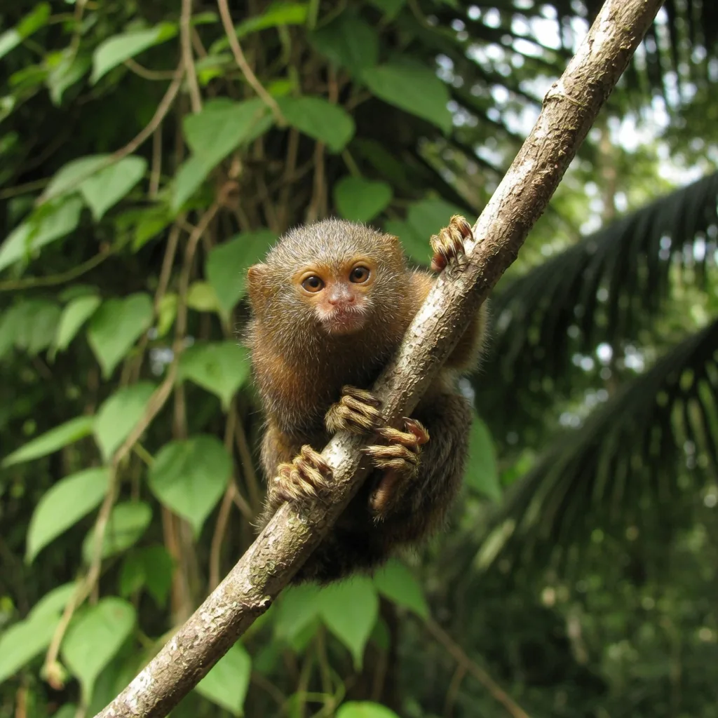 A Pygmy Marmoset clinging to a branch in the Amazon rainforest, the world's smallest monkey species